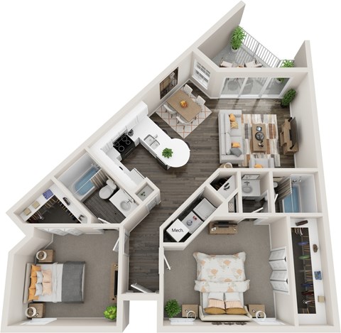 Floor plan for 2 beds, 2 baths, 1005 sqft
